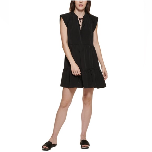 DKNY JEANS Tie Neck Tiered Dress in Black - Picture 1 of 6